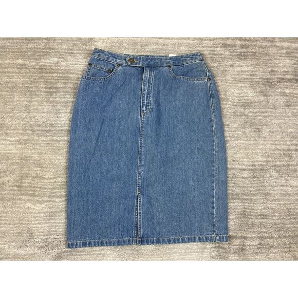 Liz‎ Claiborne Skirt Womens 8 Blue Denim Pencil Front Slit 100% Cotton Modest - Picture 1 of 12